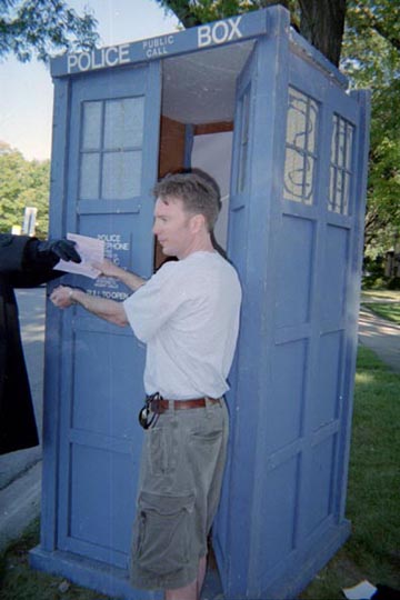 Production Note:  In an attept to emulate BBC design to the letter, the roof to the prop TARDIS was made of 100% pure styrofoam.